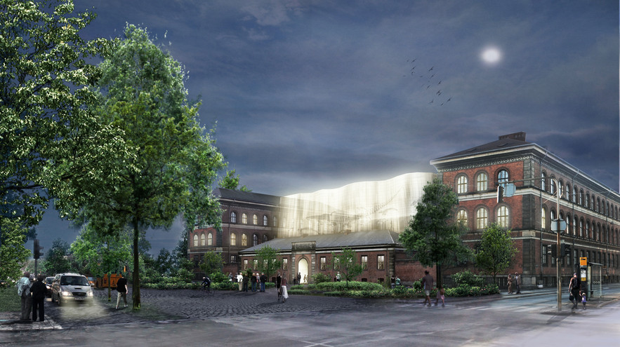 Hvalsalen kommer til at stå som et ikon for det nye museum. Her ses indgangen fra Sølvtorvet. Ill.: Lundgaard & Tranberg Arkitekter og arkitekt Claus Pryd